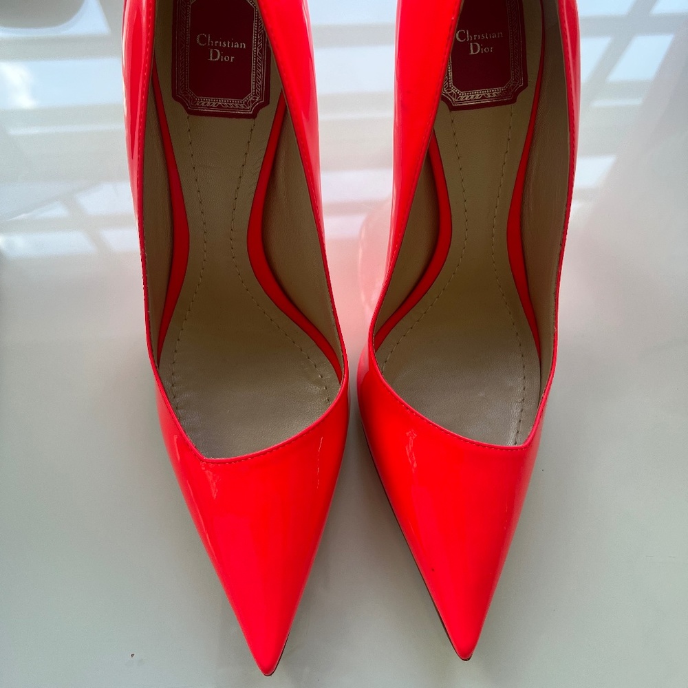 Christian Dior Neon Coral Patent Leather Lucite Heel Pumps